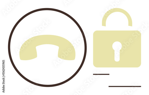Phone handset inside a circle next to a padlock with a keyhole, representing privacy, security, and communication encryption. Ideal for safety tools, data protection, tech services, and abstract