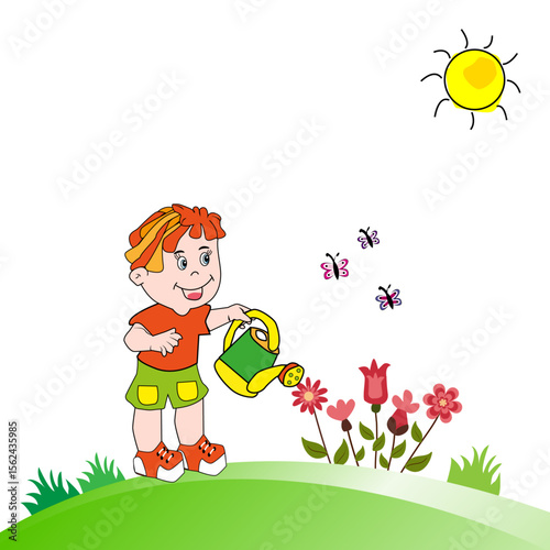 Paisaje de campo con niño regando las flores.