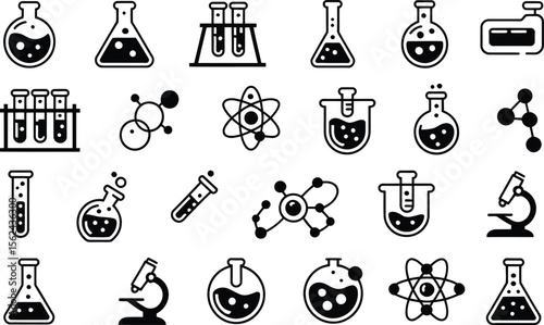 Collection of black and white science and laboratory icons on white background