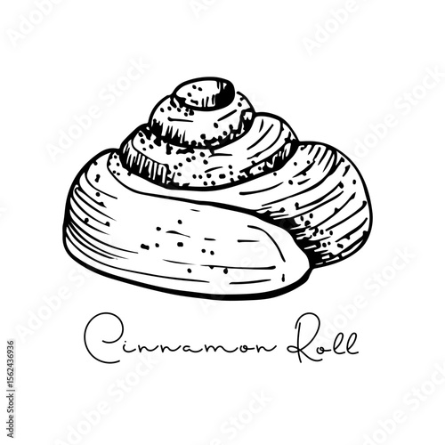 Cinnamon Roll sketch with inscription, Pastry sweet bakery. Vector Cute kanelbullar bun icon, yeast french dough, sweet nutrition snack. Black White illustration, hand drawn element for cafe, menu