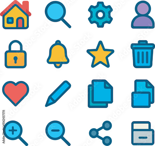 Collection of sixteen distinct multicolored icons representing common user interface elements and functions