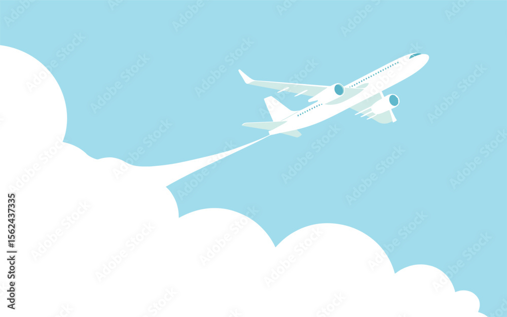 Naklejka premium Modern white passenger airplane flying through a clear blue sky with white clouds