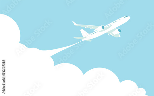 Modern white passenger airplane flying through a clear blue sky with white clouds