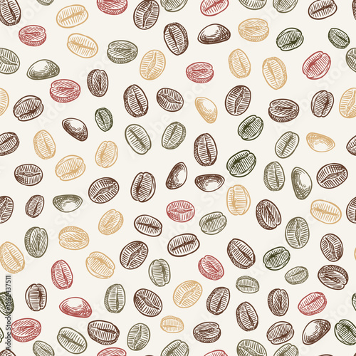Coffee beans seamless pattern. Vector sketch illustration. Colorful grains background. Wrapping paper or print design