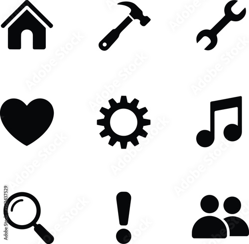 Collection of nine black simple flat icons for web and mobile applications