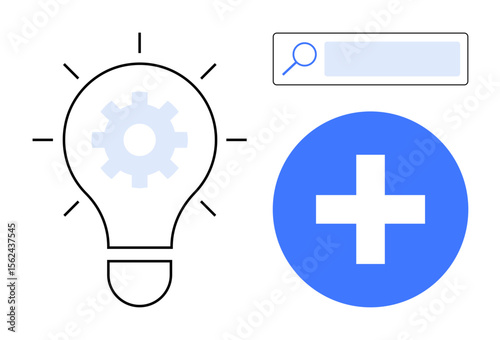 Light bulb with gear icon, horizontal search bar, and blue plus sign. Ideal for innovation, solution, creativity, discovery, decision-making, collaboration and simple landing page