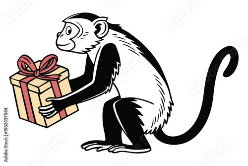 Happy monkey carefully holds a cream colored gift with coral ribbons and bow