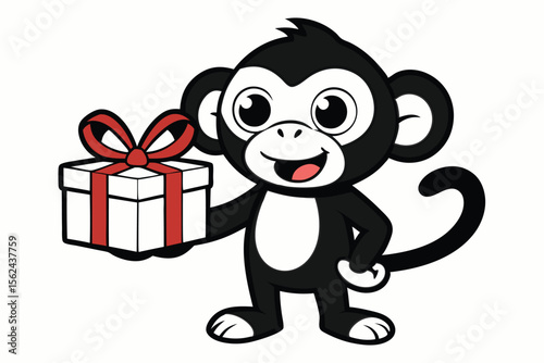 Happy cartoon monkey joyfully holds a white gift box adorned with a bright red bow