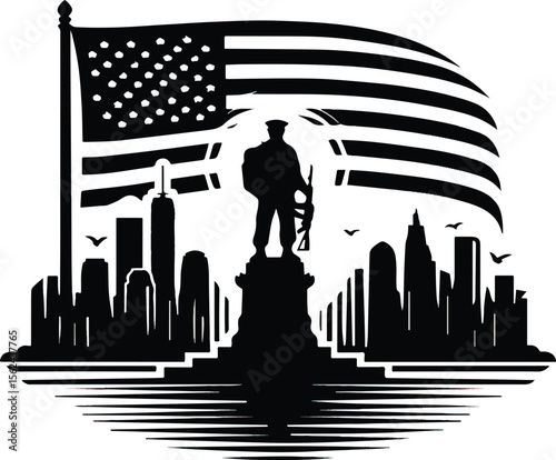 4th of July American Independence Day Pilot Silhouette Vector Featuring Black Military Figure Illustration.
