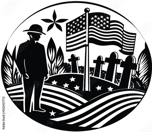 4th of July American Independence Day Soldier Standing at Cemetery with USA Flag Tribute.


