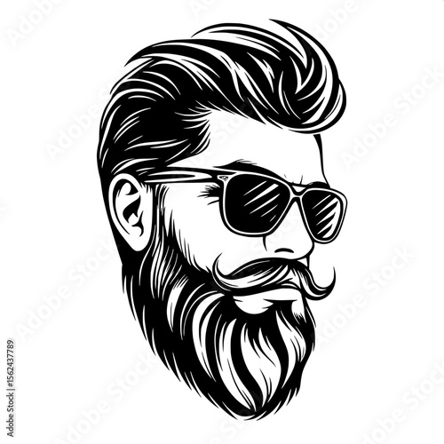 “Silhouette-style monochrome vector of a cool, confident man with a thick beard, trendy mustache, and angular sunglasses, evoking urban style.”