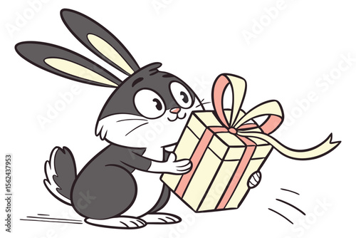 Gray cartoon bunny carries a gift box adorned with pink and cream ribbon happily
