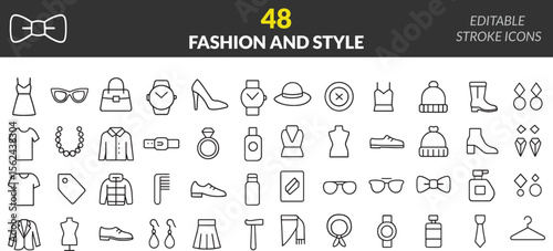 Fashion and Style Icon Set for Apparel Design Boutique Clothes and Accessories Minimalist Line Art Editable Stroke Icons