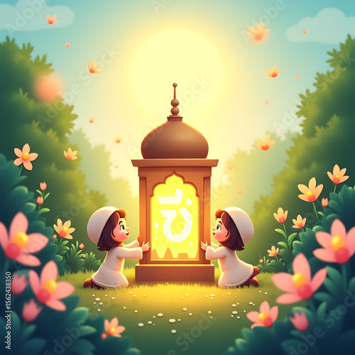 Christmas Lantern and Tree Holiday Card Illustration