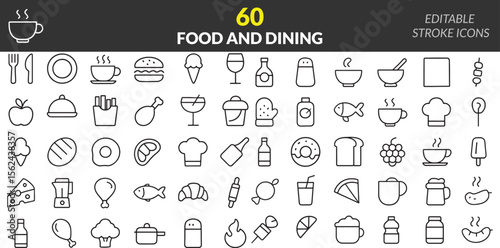 Collection of Food and Dining Icons with Editable Stroke Design for Restaurant Menus