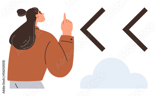 Woman gesturing toward bold arrows facing left, symbolizing backward movement, retrospection, or guidance. Ideal for navigation, decision, planning, strategy learning mindfulness motivation. A