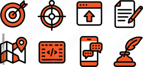 Set of eight modern flat icons representing business strategy and communication concepts