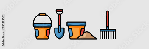 Simplified sand toy icon set with buckets and tools – Ideal for flat design resources, toy packaging, or summer digital illustrations