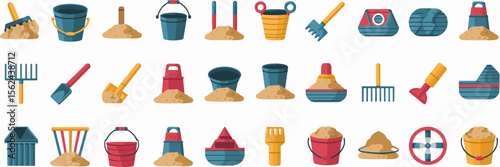 Minimalist sand toy icon sheet with boat and tools – Ideal for beach vacation content, children's product illustrations, or clean design