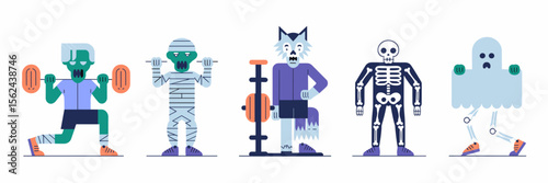 Vector icon sheet of Halloween gym with spooky characters working out – Great for fitness campaigns, seasonal marketing, or posters