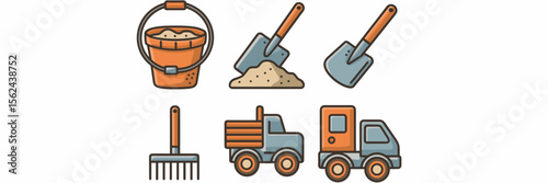 Sand toy icon sheet with bucket, shovel, rake, and truck – Perfect for summer product designs, beach activity guides, or toy branding