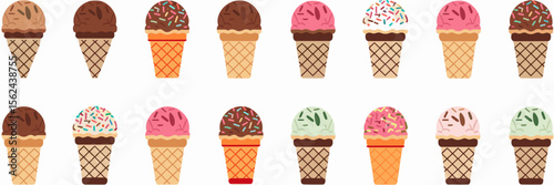 Vector icon sheet of assorted summer ice cream cones – Ideal for food packaging, ice cream shop marketing, or seasonal infographics
