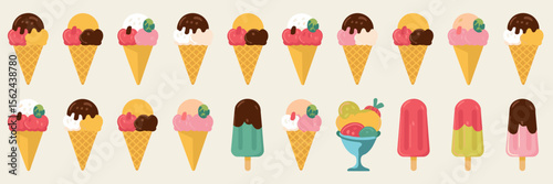 Vector illustration of summer ice creams and desserts – Perfect for cafe promotions, children’s party invitations, or summer food illustrations
