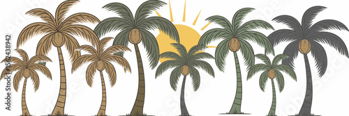 Vector icon sheet of palm trees with coconuts and sun – Great for tropical-themed designs, summer campaigns, or travel infographics