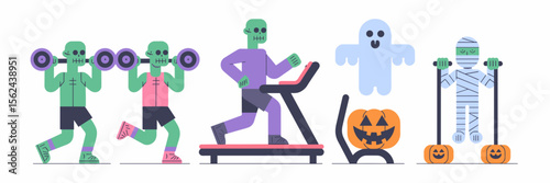 Halloween gym icon sheet with monsters working out – Ideal for spooky sports gear, themed invitations, or Halloween promotions
