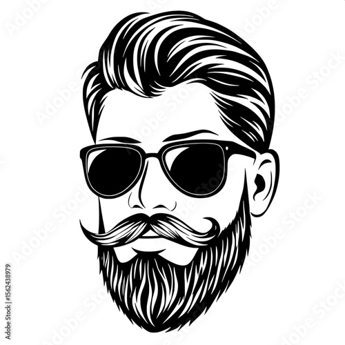 “Minimalist black-and-white vector portrait of a fashionable bearded man wearing aviator sunglasses and a well-groomed handlebar mustache.”