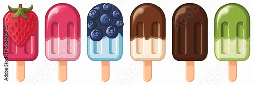 Icon sheet of colorful popsicles on sticks – Great for seasonal design packs, snack ads, or children’s product visuals