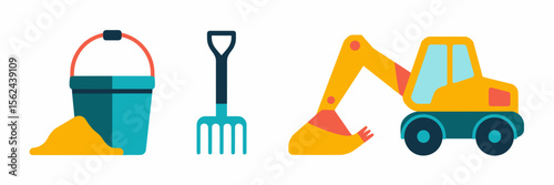 Sand toy icon sheet with bucket, truck, excavator, and rake – Great for educational games, construction toy branding, or beach materials
