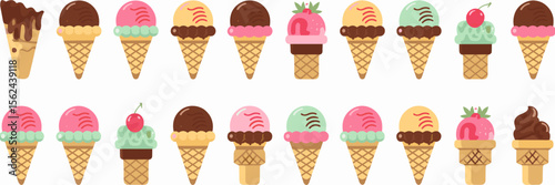 Vector icon sheet of summer ice cream cones with various flavors – Great for dessert branding, seasonal menu designs, or kids’ content