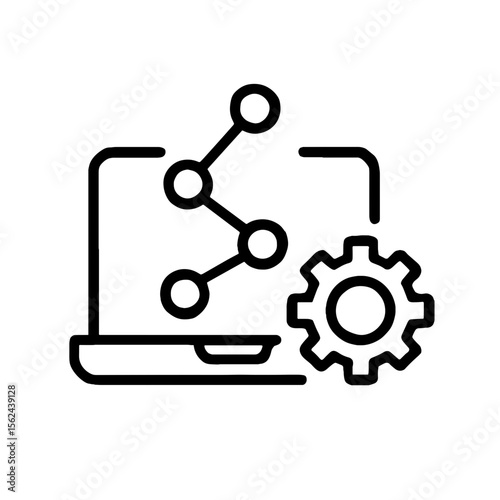Line icon of IT solution with laptop, gear, and connected data nodes
