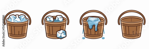 Vector icon set of ice buckets with varying ice levels – Perfect for beverage branding, bar tools graphics, or summer designs