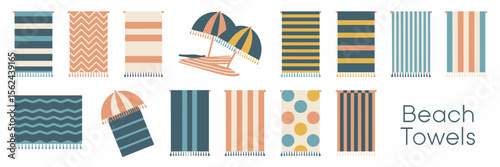 Vector icon sheet of colorful beach towels with different patterns – Ideal for travel promotions, beach resort branding, or summer fashion content