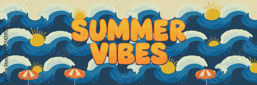 Vector illustration of "summer vibes" text on curling blue waves – Suitable for beachwear ads, travel campaigns, or coastal event graphics