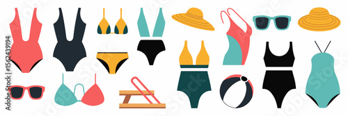 Vector icon sheet of assorted summer swimsuits with accessories – Perfect for resort ads, travel promotions, or swimwear lookbooks