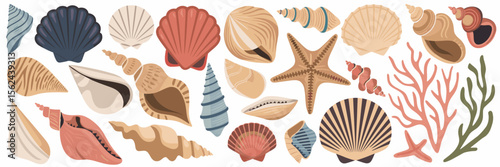 Vector icon sheet of seashells, seaweed, and starfish in circular layout – Perfect for coastal decor, marine education, or summer product packaging