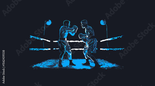 Two boxers fighting in a boxing ring lit by overhead lighting