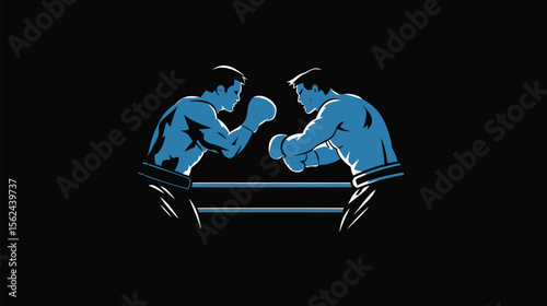 Two boxers fighting in a boxing ring lit by overhead lighting