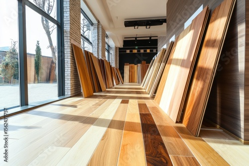 Showroom for wood flooring displays featuring various textures and colors in a modern interior space