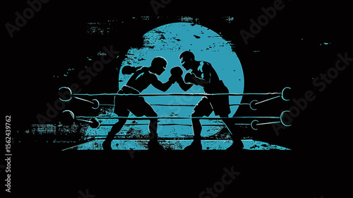 Two boxers fighting in a boxing ring lit by overhead lighting