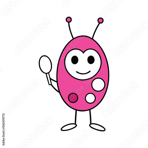 Whimsical pink alien with four arms and antennae smiling in vibrant colors