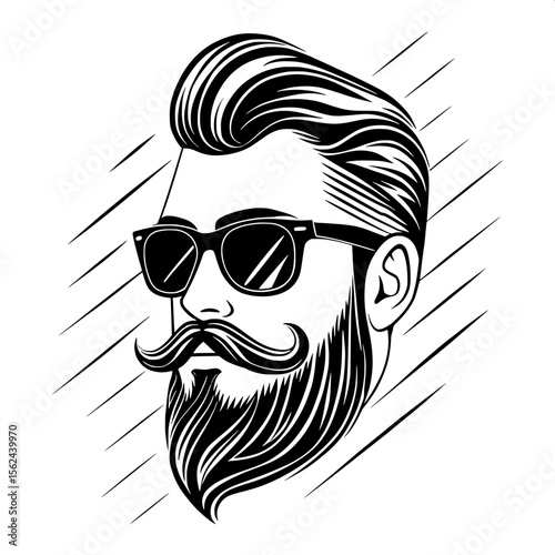 “Monochrome vector illustration of a hipster man with a full beard, slick hairstyle, stylish curled mustache, and dark sunglasses, in bold line art style.”