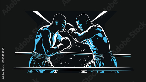 Two boxers fighting in a boxing ring lit by overhead lighting