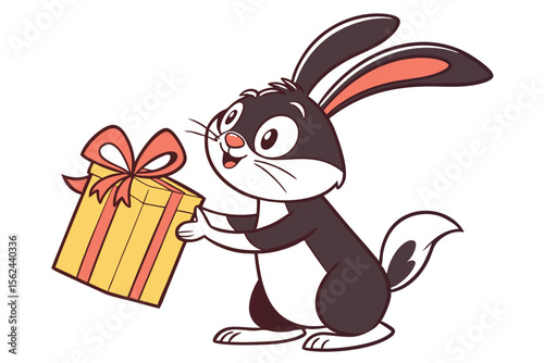 Happy cartoon bunny is holding a yellow gift box with a coral ribbon