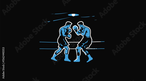 Two boxers fighting in a boxing ring lit by overhead lighting