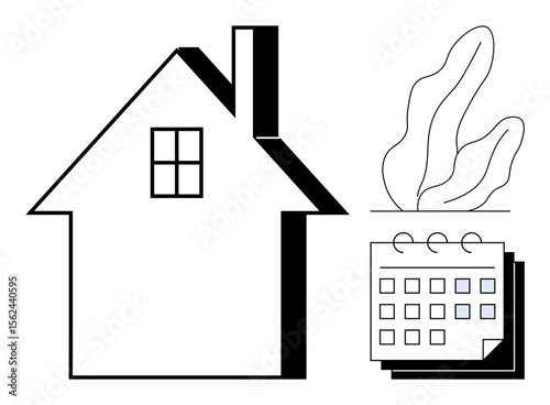 House with window, stacked calendar, and decorative plant illustration suggests scheduling, interior design, event planning, and housing management. Ideal for real estate, home improvement, rental