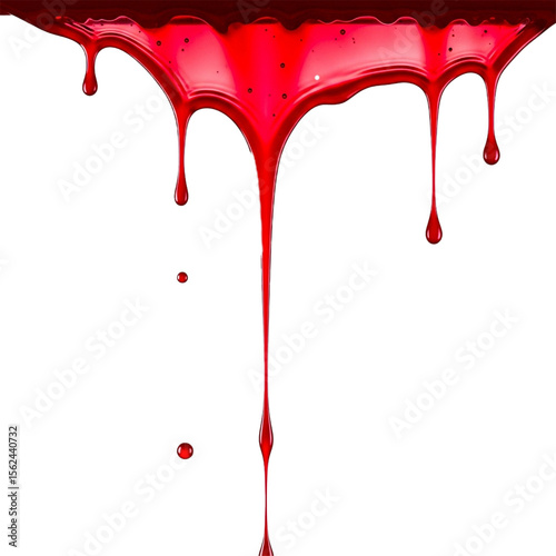 red liquid dripping down isolated on white background 
